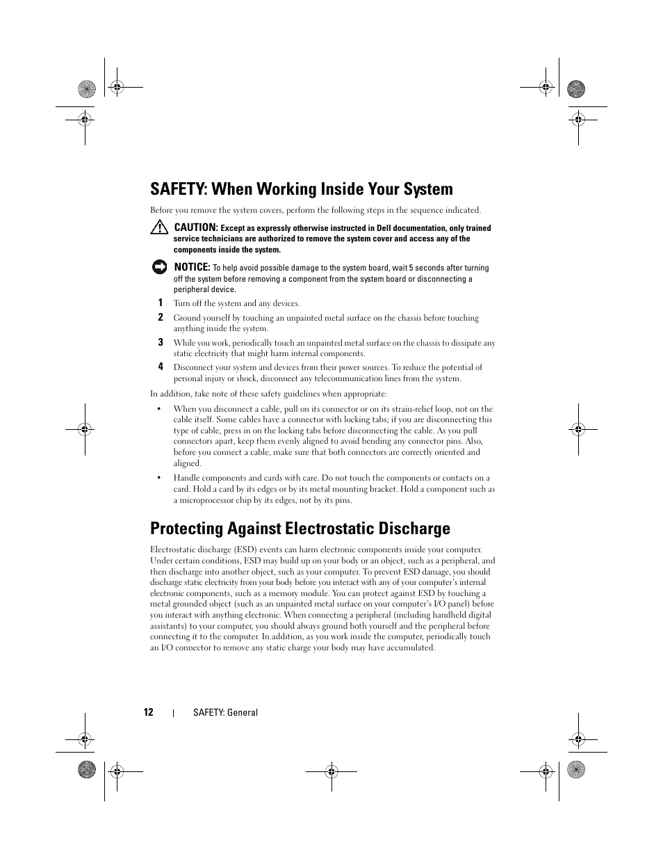 Safety: when working inside your system, Protecting against electrostatic discharge | Dell PowerEdge RAID Controller 6i User Manual | Page 12 / 156