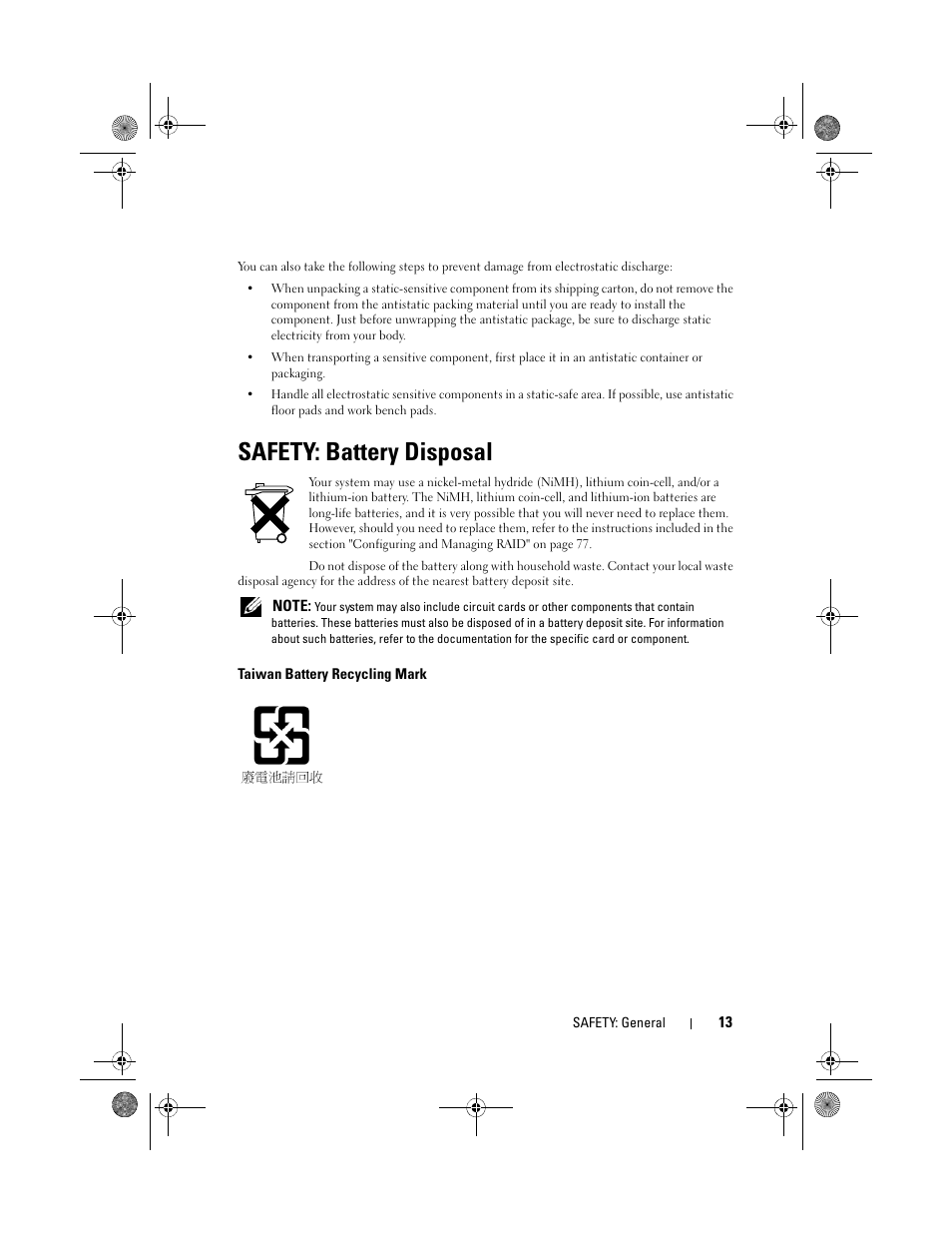 Safety: battery disposal | Dell PowerEdge RAID Controller 6i User Manual | Page 13 / 156