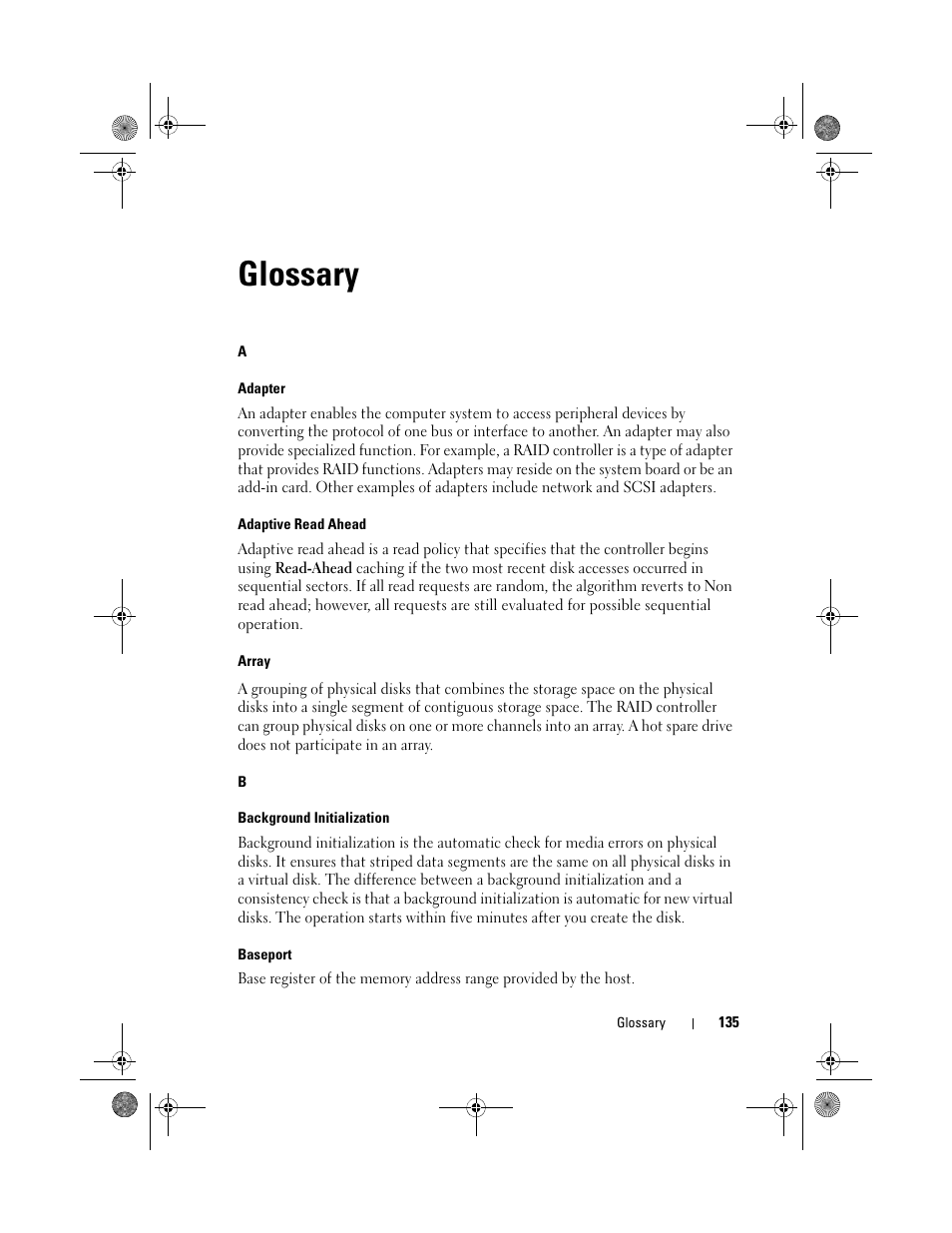 Glossary | Dell PowerEdge RAID Controller 6i User Manual | Page 135 / 156