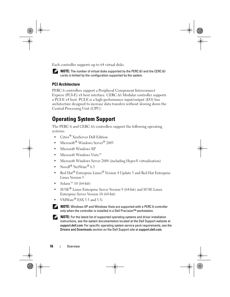 Pci architecture, Operating system support | Dell PowerEdge RAID Controller 6i User Manual | Page 16 / 156