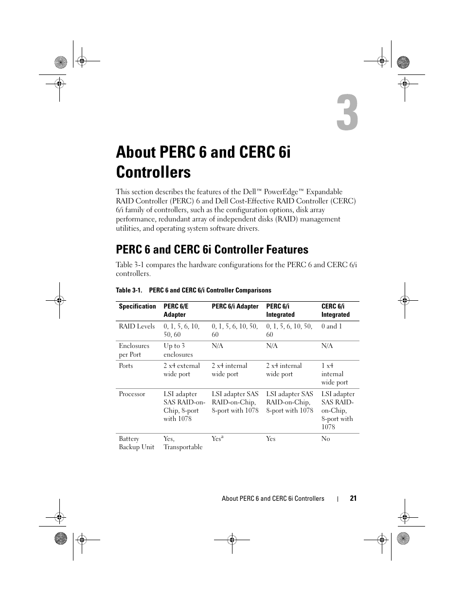 About perc 6 and cerc 6i controllers, Perc 6 and cerc 6i controller features | Dell PowerEdge RAID Controller 6i User Manual | Page 21 / 156