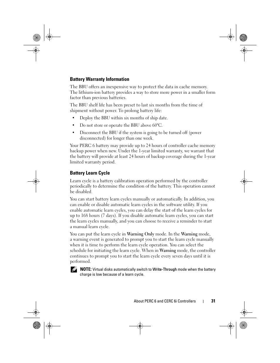 Battery warranty information, Battery learn cycle | Dell PowerEdge RAID Controller 6i User Manual | Page 31 / 156