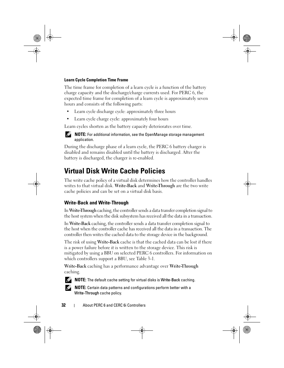 Virtual disk write cache policies, Write-back and write-through | Dell PowerEdge RAID Controller 6i User Manual | Page 32 / 156