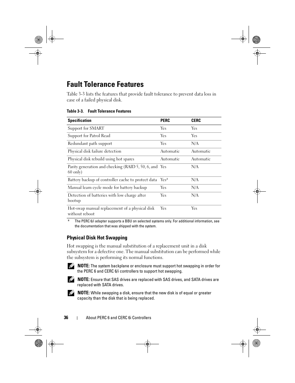 Fault tolerance features, Physical disk hot swapping | Dell PowerEdge RAID Controller 6i User Manual | Page 36 / 156