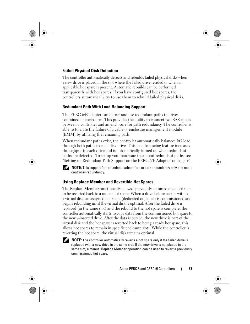 Failed physical disk detection, Redundant path with load balancing support, Using replace member and revertible hot spares | Dell PowerEdge RAID Controller 6i User Manual | Page 37 / 156