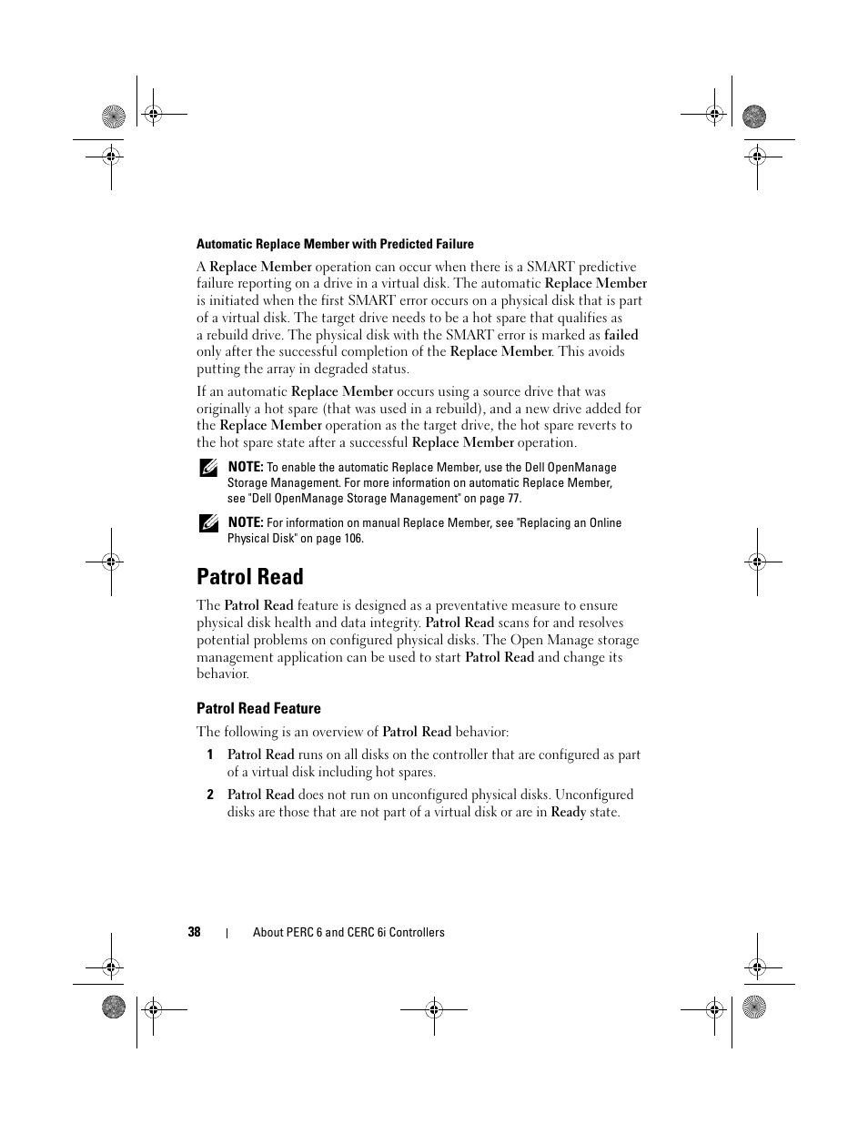 Patrol read, Patrol read feature | Dell PowerEdge RAID Controller 6i User Manual | Page 38 / 156