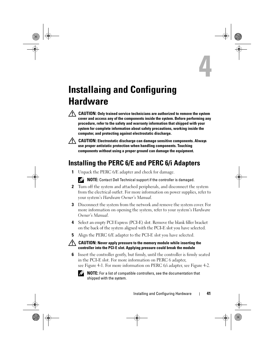 Installaing and configuring hardware, Installing the perc 6/e and perc 6/i adapters | Dell PowerEdge RAID Controller 6i User Manual | Page 41 / 156