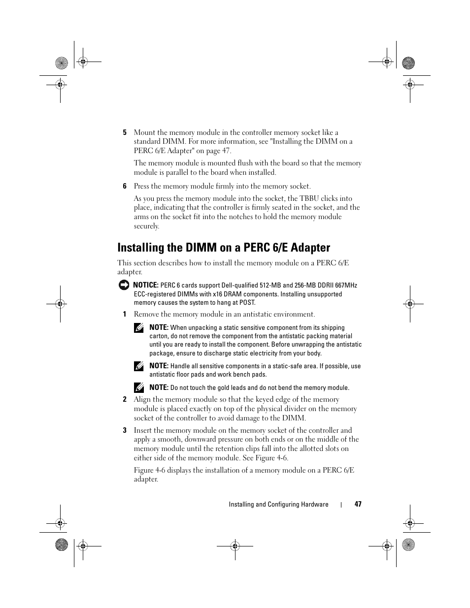 Installing the dimm on a perc 6/e adapter | Dell PowerEdge RAID Controller 6i User Manual | Page 47 / 156