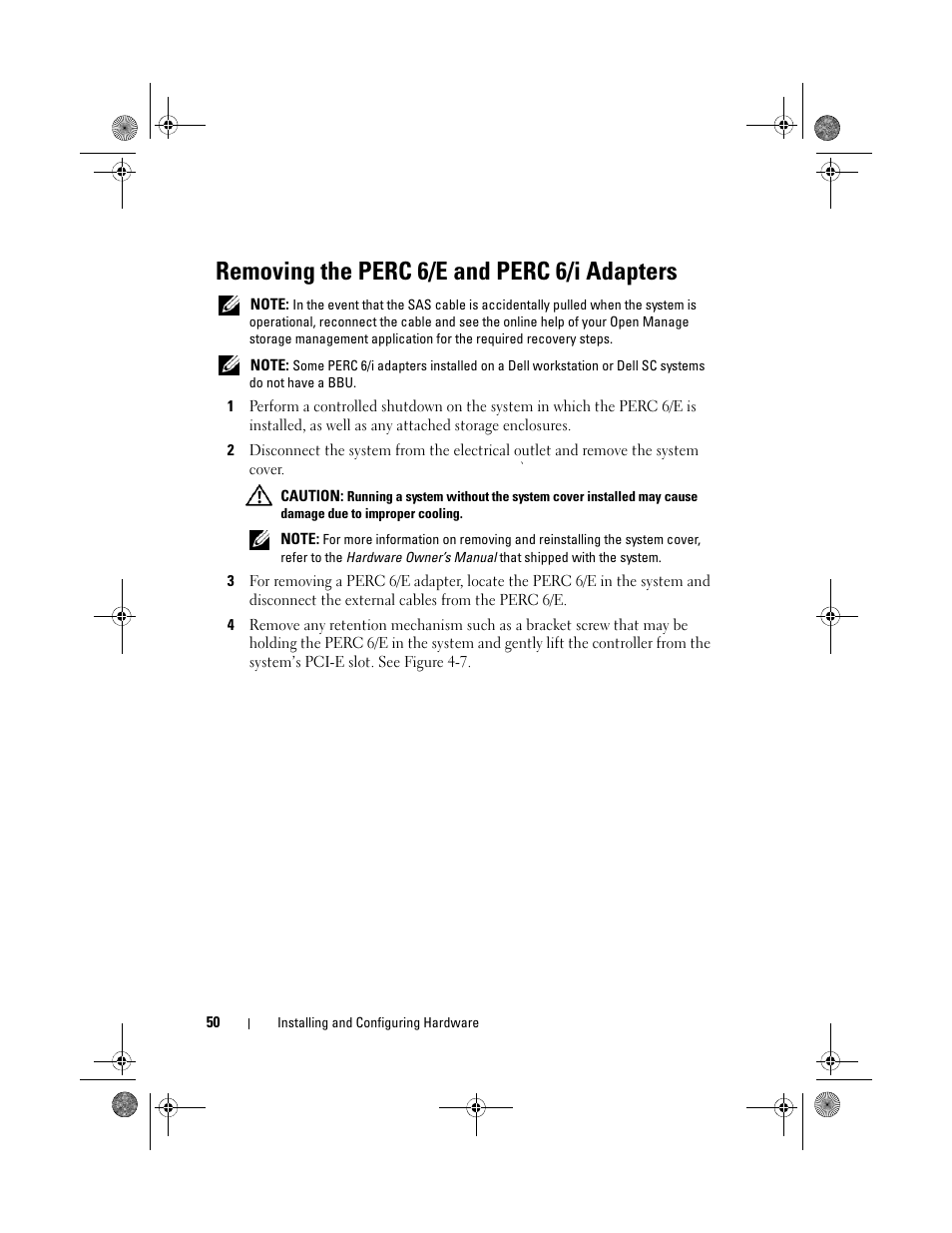 Removing the perc 6/e and perc 6/i adapters | Dell PowerEdge RAID Controller 6i User Manual | Page 50 / 156