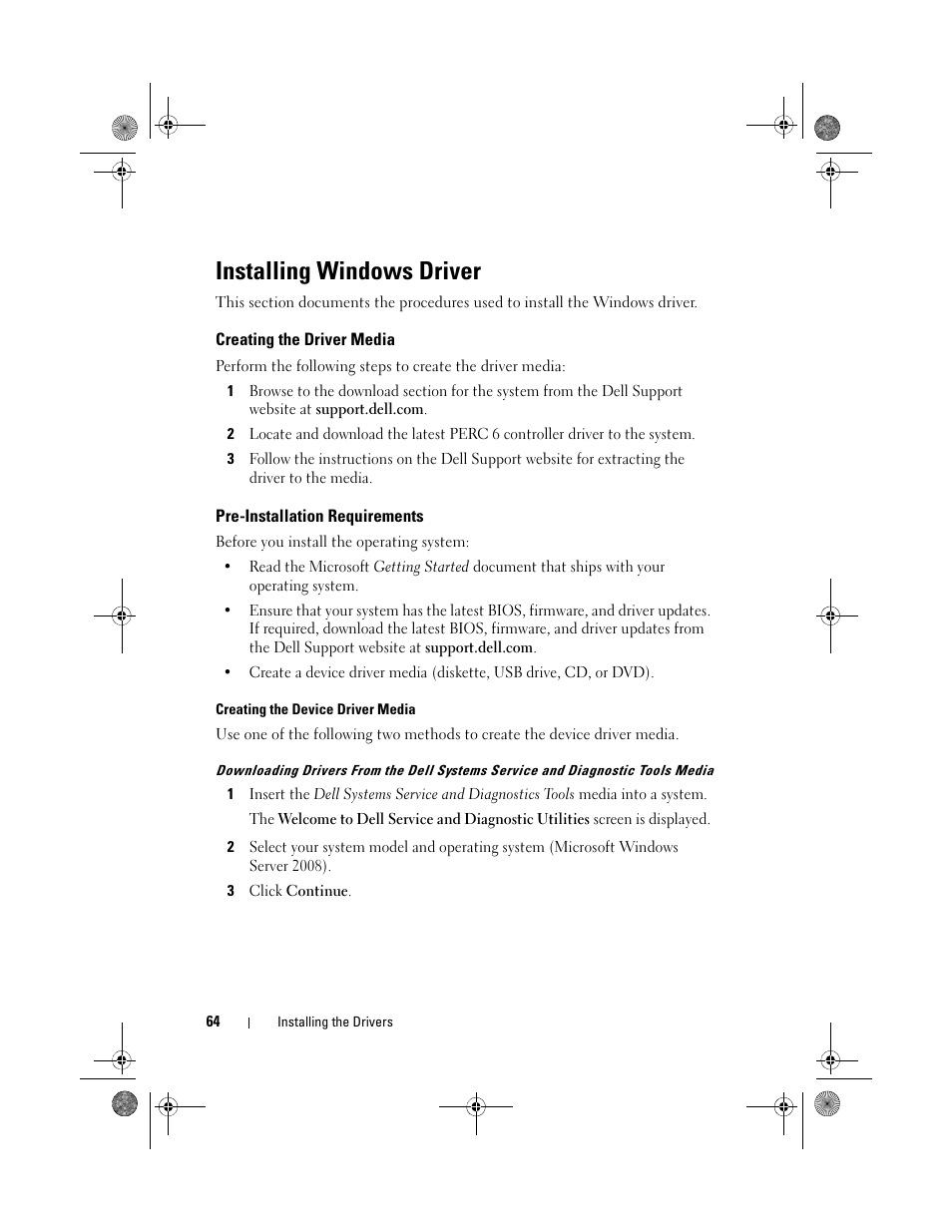 Installing windows driver, Creating the driver media, Pre-installation requirements | Dell PowerEdge RAID Controller 6i User Manual | Page 64 / 156