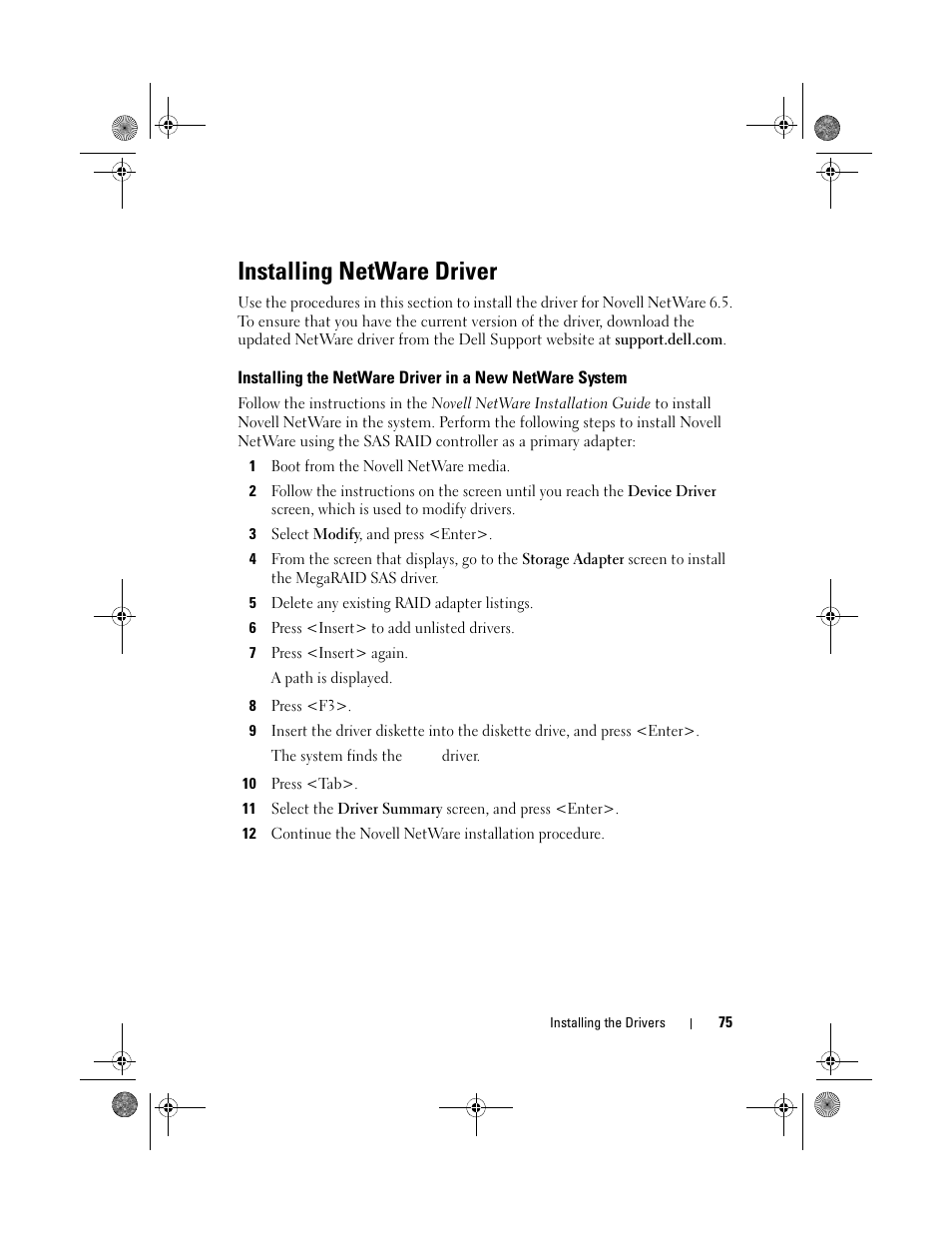 Installing netware driver | Dell PowerEdge RAID Controller 6i User Manual | Page 75 / 156