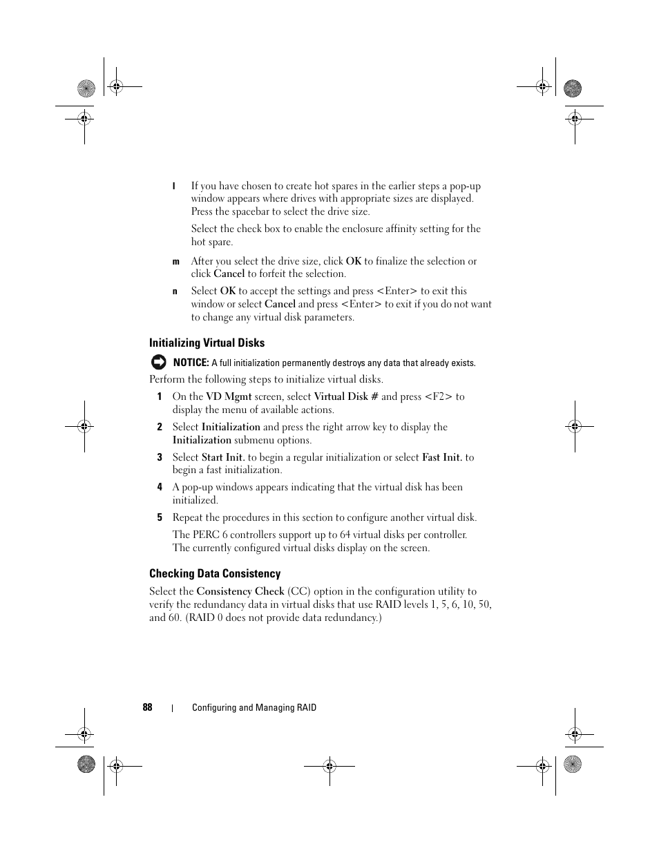 Initializing virtual disks, Checking data consistency | Dell PowerEdge RAID Controller 6i User Manual | Page 88 / 156