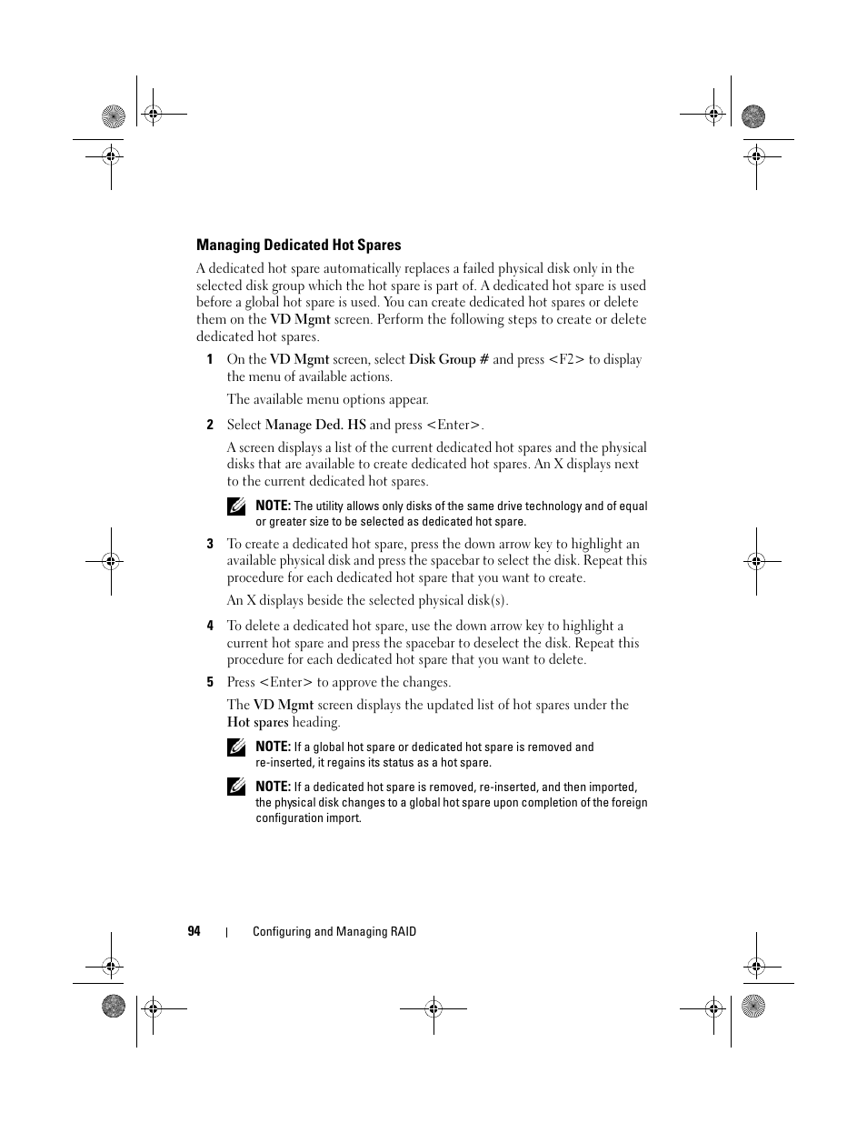 Managing dedicated hot spares | Dell PowerEdge RAID Controller 6i User Manual | Page 94 / 156