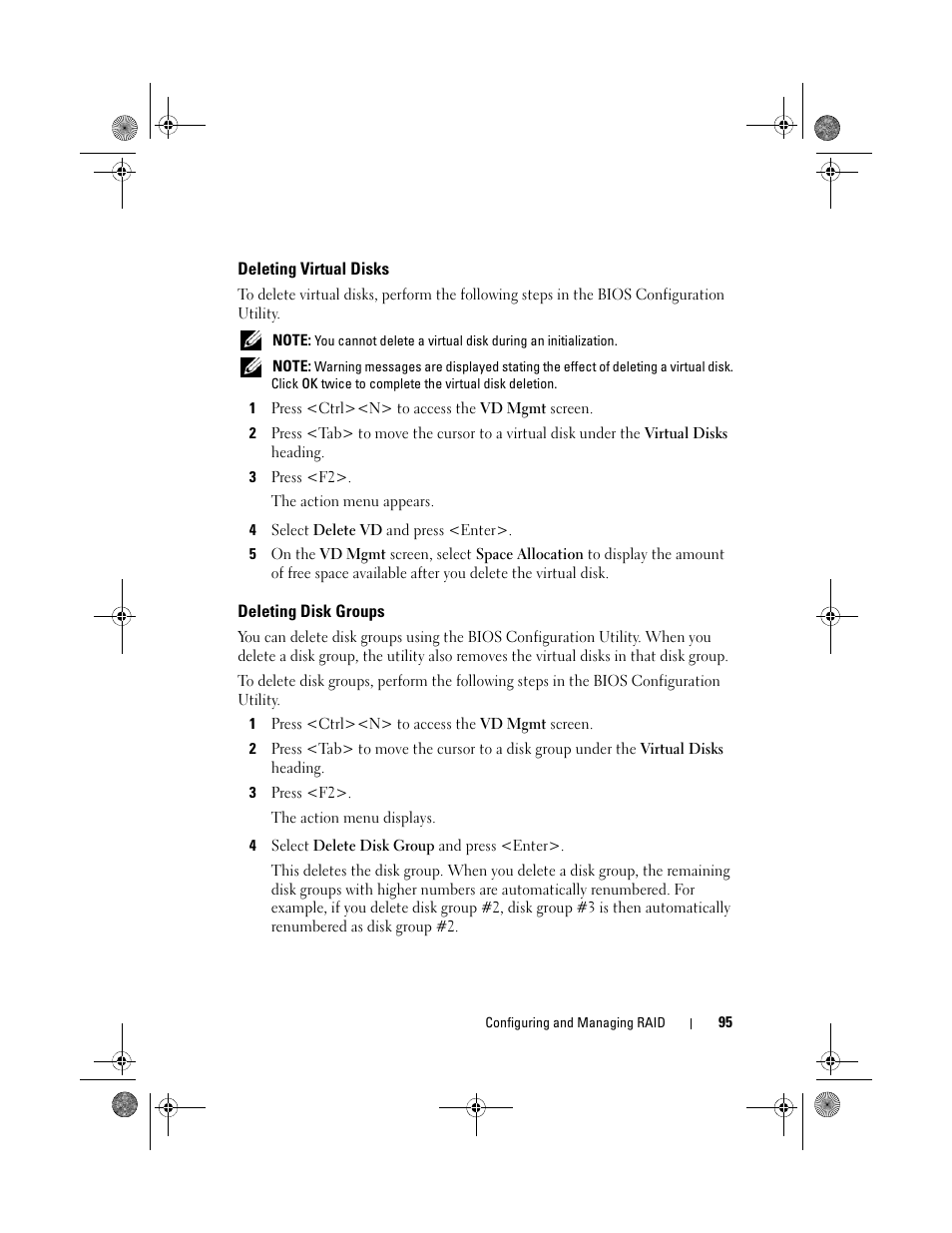 Deleting virtual disks, Deleting disk groups | Dell PowerEdge RAID Controller 6i User Manual | Page 95 / 156