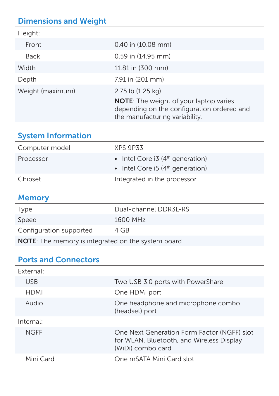 Dimensions and weight, System information, Ports and connectors | Dell XPS 11 (9P33, Late 2013) User Manual | Page 2 / 7