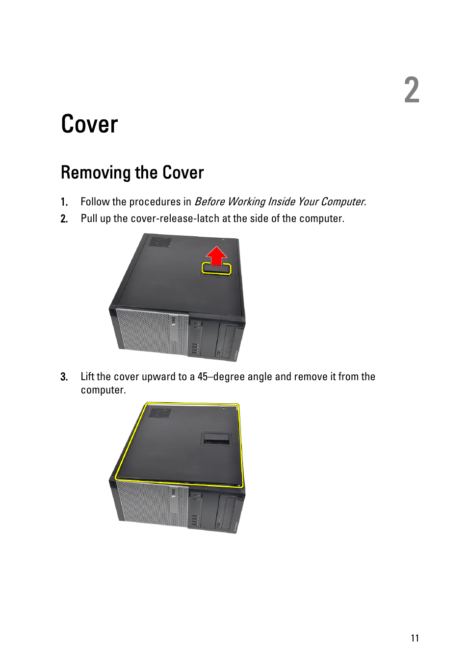 Cover, Removing the cover, 2 cover | Dell OptiPlex 990 (Early 2011) User Manual | Page 11 / 97