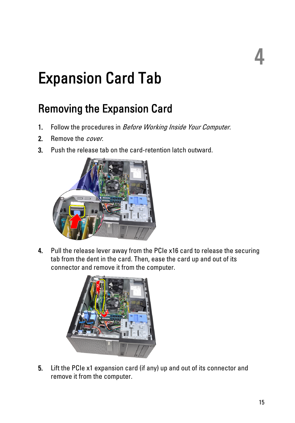 Expansion card tab, Removing the expansion card, 4 expansion card tab | Dell OptiPlex 990 (Early 2011) User Manual | Page 15 / 97