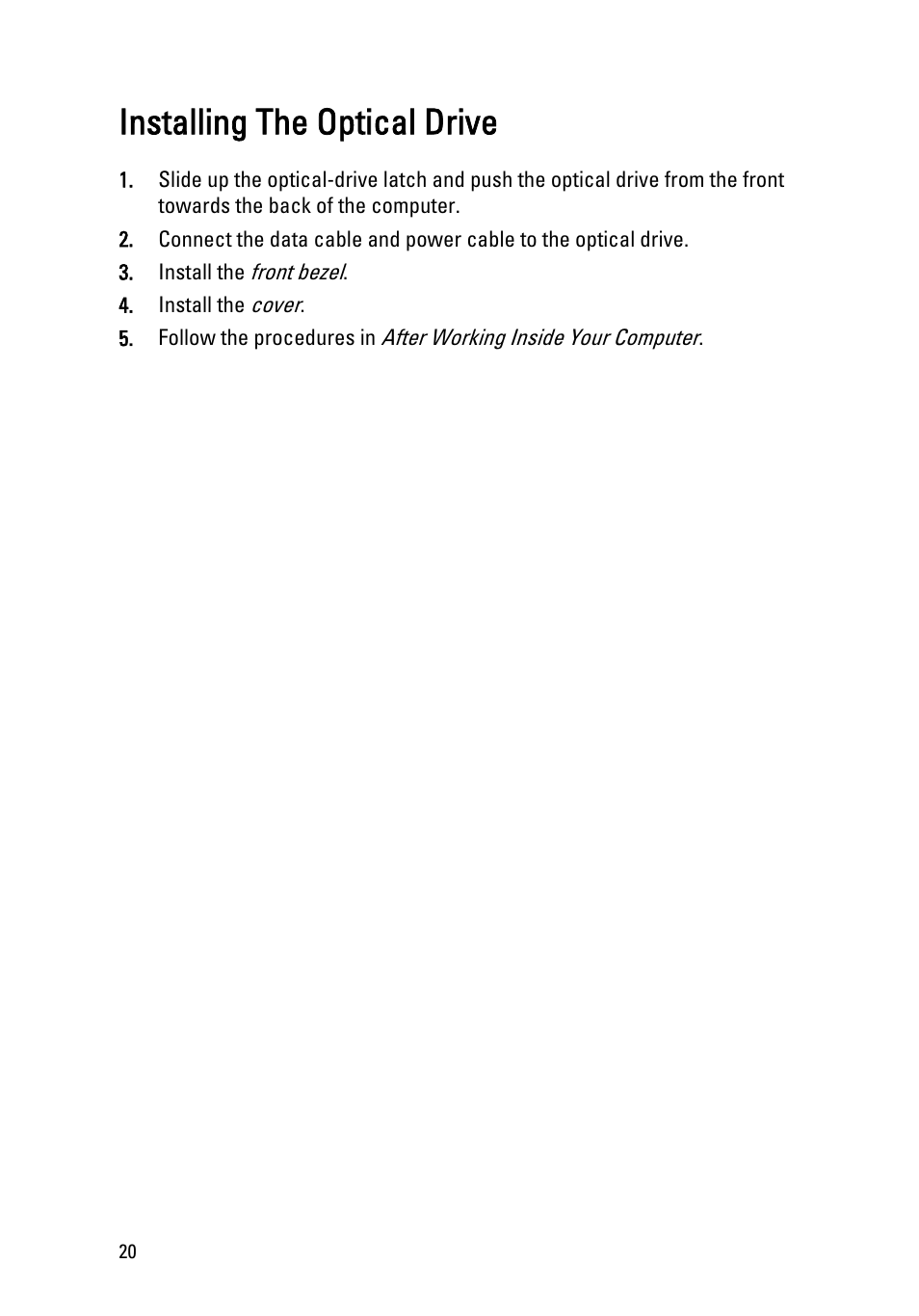 Installing the optical drive | Dell OptiPlex 990 (Early 2011) User Manual | Page 20 / 97