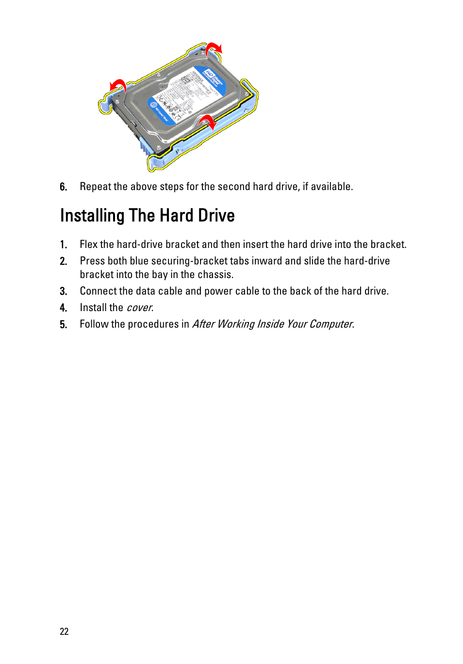 Installing the hard drive | Dell OptiPlex 990 (Early 2011) User Manual | Page 22 / 97