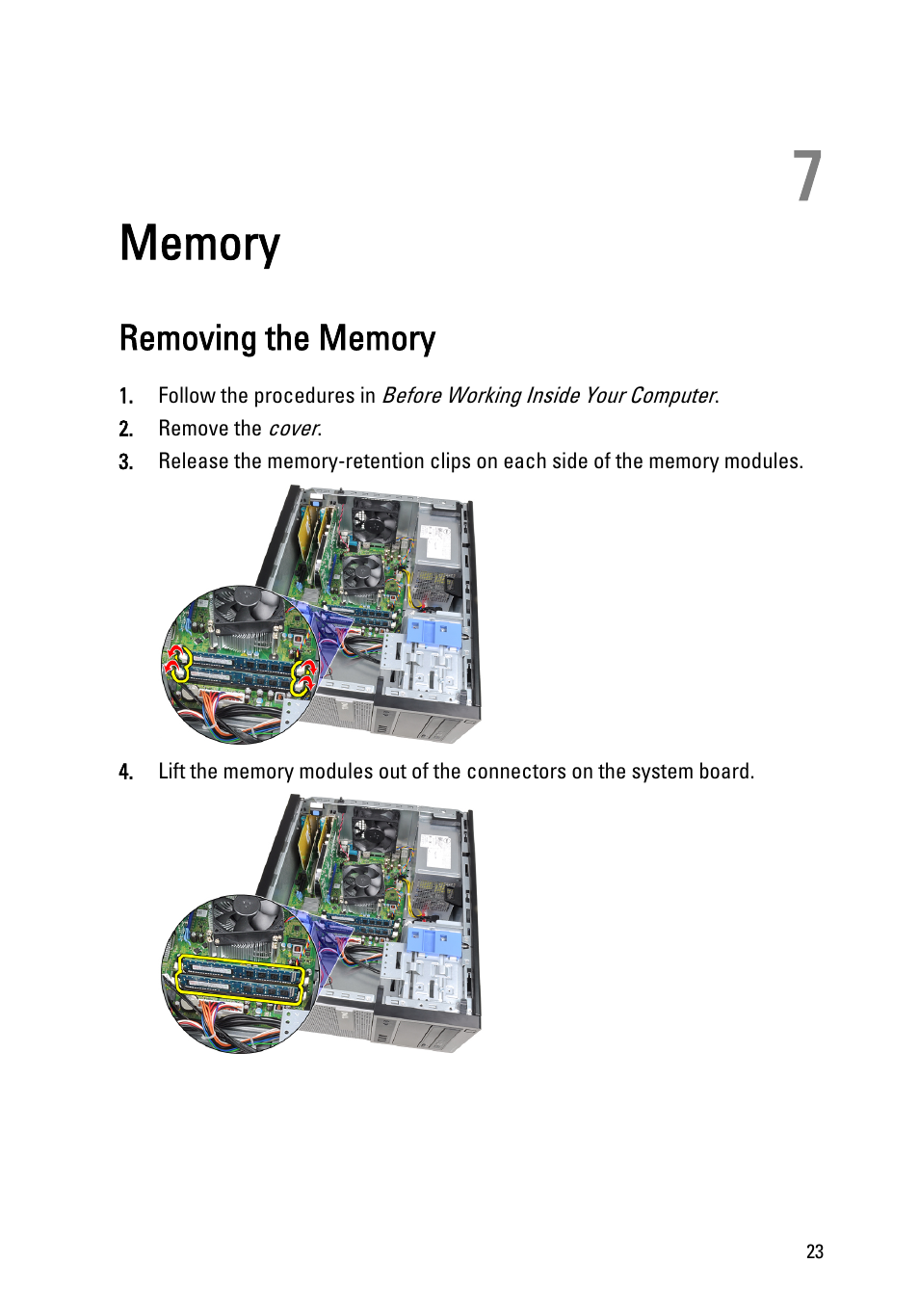 Memory, Removing the memory, 7 memory | Dell OptiPlex 990 (Early 2011) User Manual | Page 23 / 97