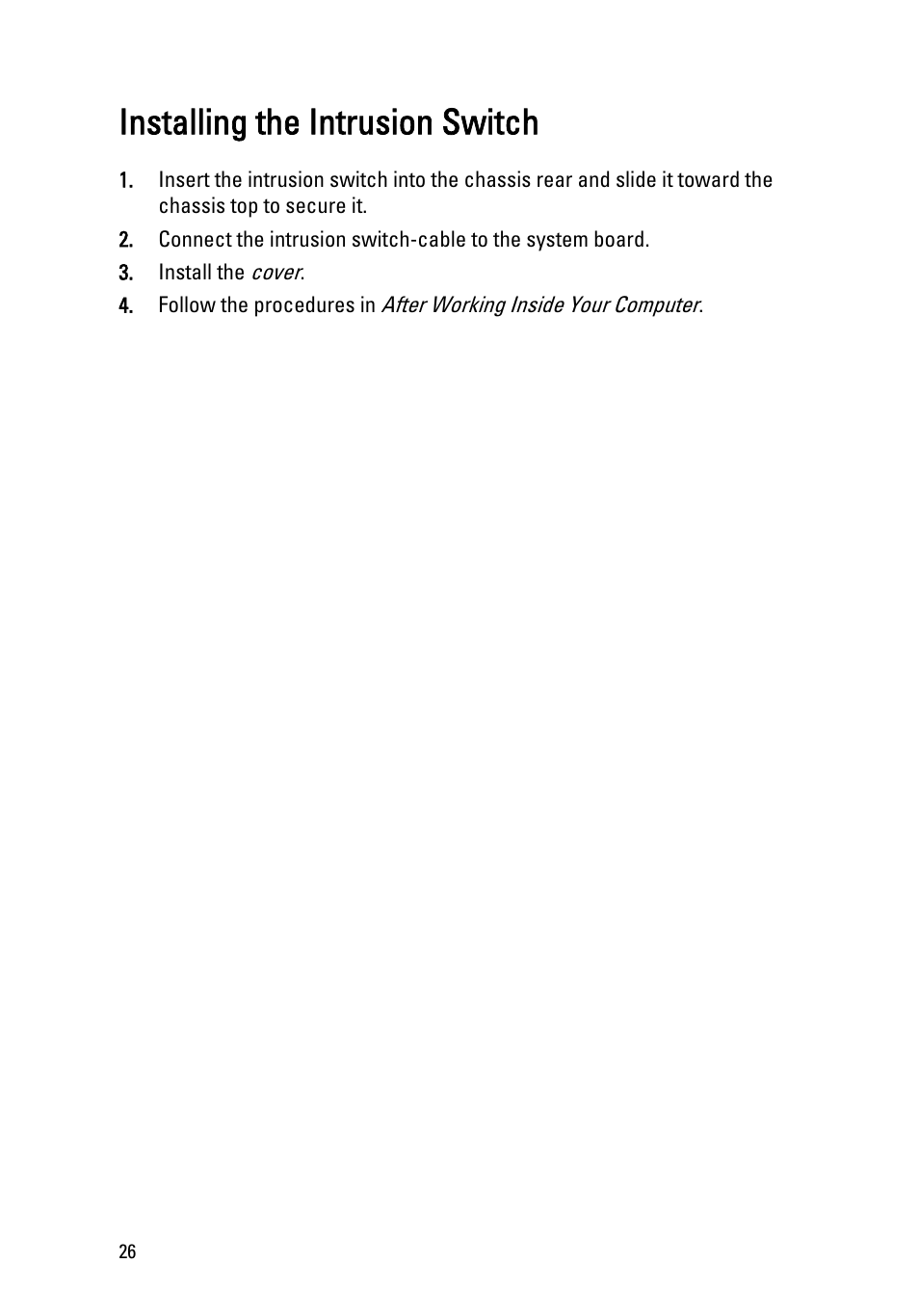 Installing the intrusion switch | Dell OptiPlex 990 (Early 2011) User Manual | Page 26 / 97