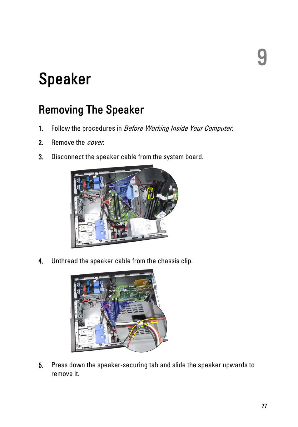 Speaker, Removing the speaker, 9 speaker | Dell OptiPlex 990 (Early 2011) User Manual | Page 27 / 97