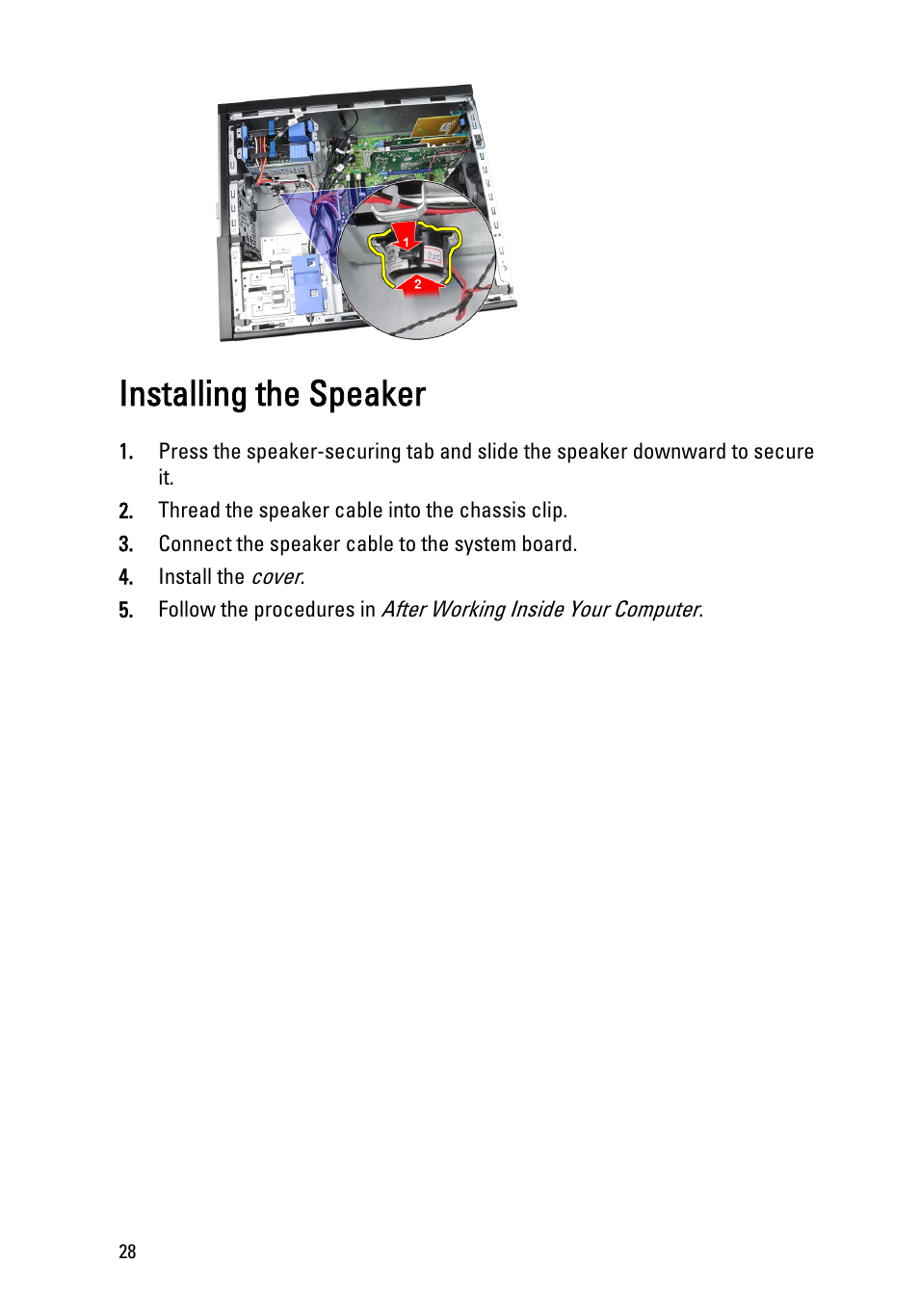 Installing the speaker | Dell OptiPlex 990 (Early 2011) User Manual | Page 28 / 97