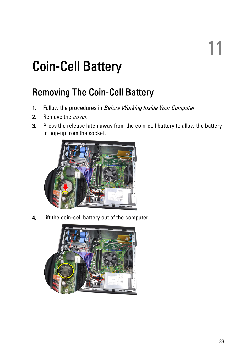 Coin-cell battery, Removing the coin-cell battery, 11 coin-cell battery | Dell OptiPlex 990 (Early 2011) User Manual | Page 33 / 97