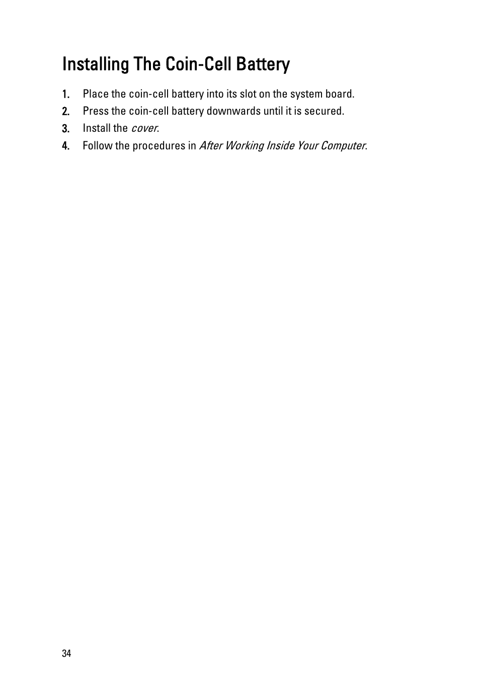 Installing the coin-cell battery | Dell OptiPlex 990 (Early 2011) User Manual | Page 34 / 97