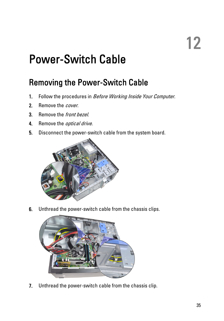 Power-switch cable, Removing the power-switch cable, 12 power-switch cable | Dell OptiPlex 990 (Early 2011) User Manual | Page 35 / 97