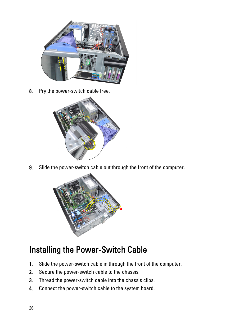 Installing the power-switch cable | Dell OptiPlex 990 (Early 2011) User Manual | Page 36 / 97