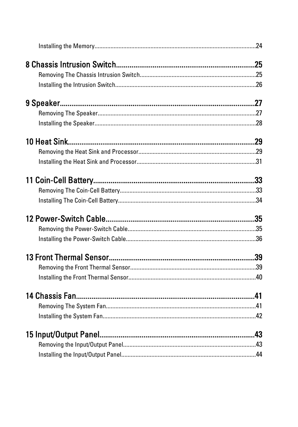 8 chassis intrusion switch, 9 speaker, 10 heat sink | 11 coin-cell battery, 12 power-switch cable, 13 front thermal sensor, 14 chassis fan, 15 input/output panel | Dell OptiPlex 990 (Early 2011) User Manual | Page 4 / 97