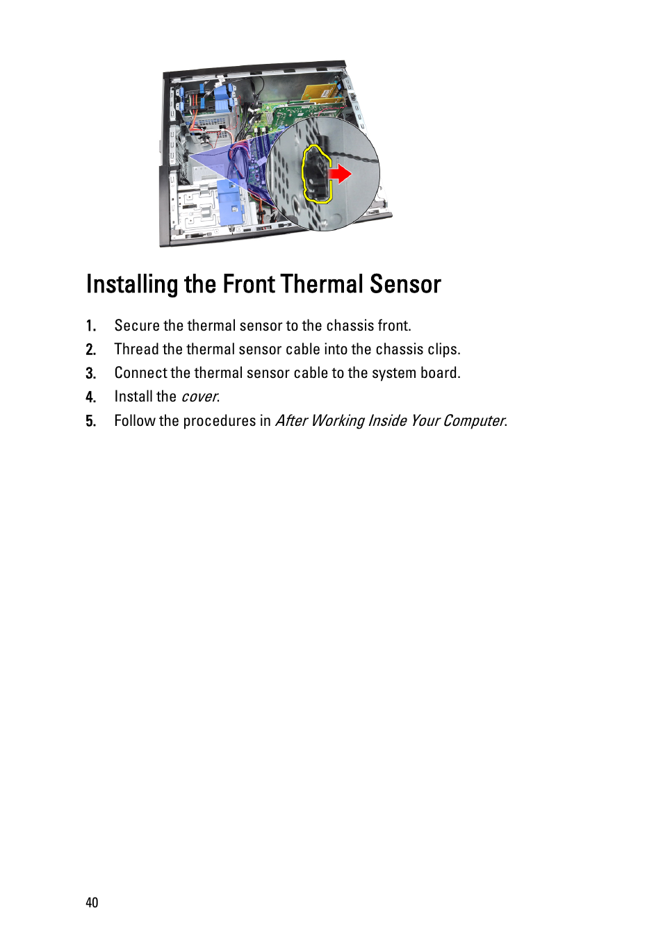 Installing the front thermal sensor | Dell OptiPlex 990 (Early 2011) User Manual | Page 40 / 97