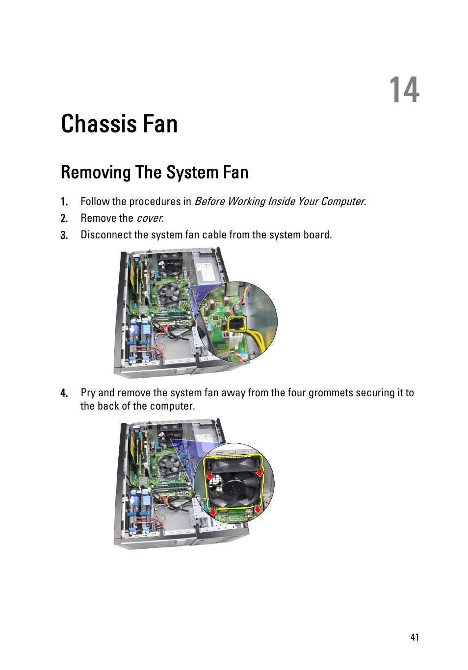 Chassis fan, Removing the system fan, 14 chassis fan | Dell OptiPlex 990 (Early 2011) User Manual | Page 41 / 97