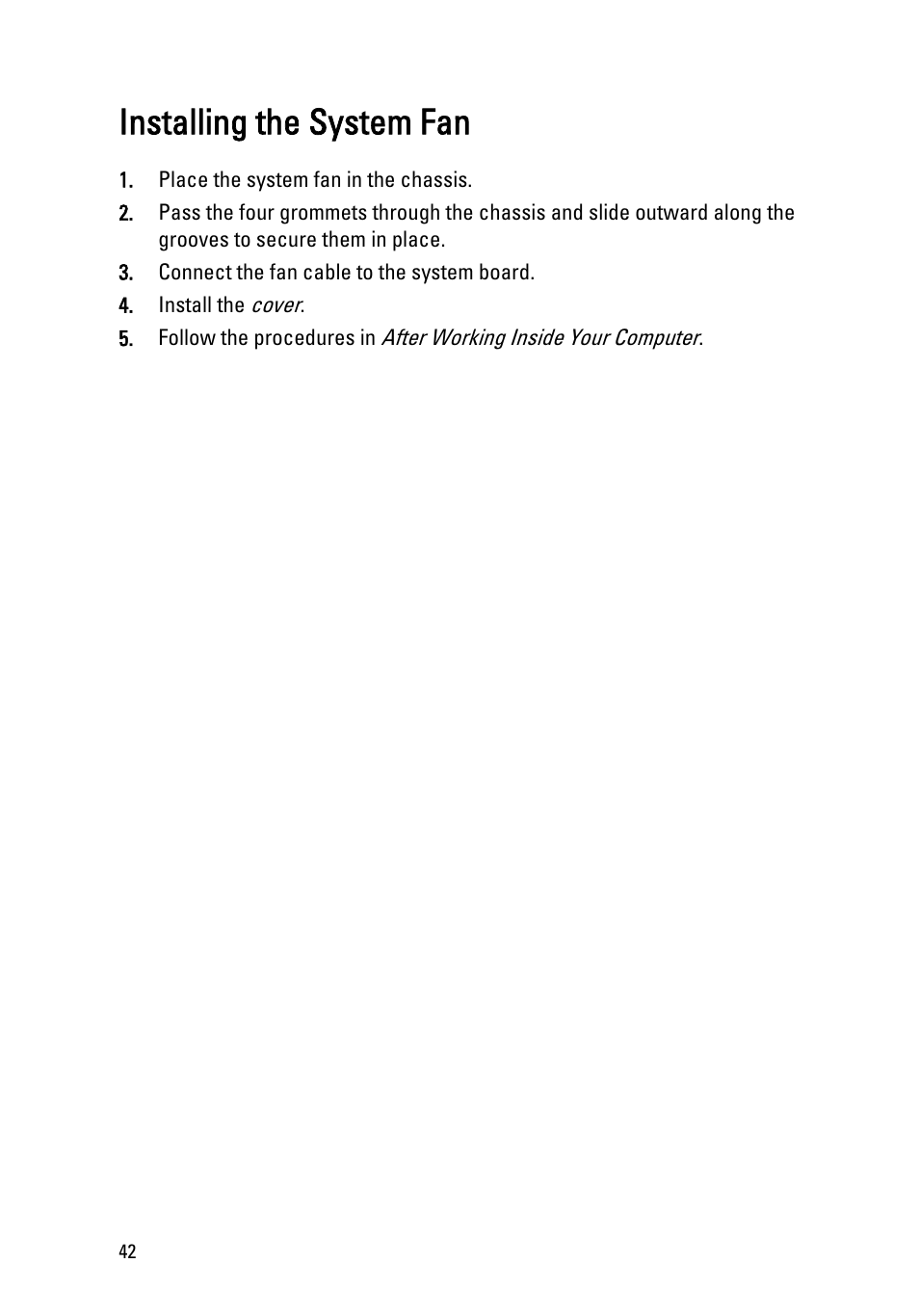 Installing the system fan | Dell OptiPlex 990 (Early 2011) User Manual | Page 42 / 97