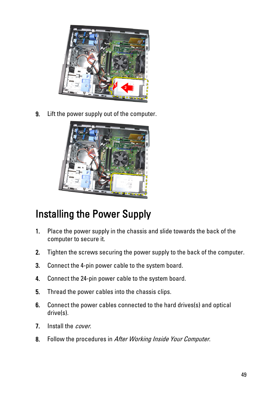 Installing the power supply | Dell OptiPlex 990 (Early 2011) User Manual | Page 49 / 97