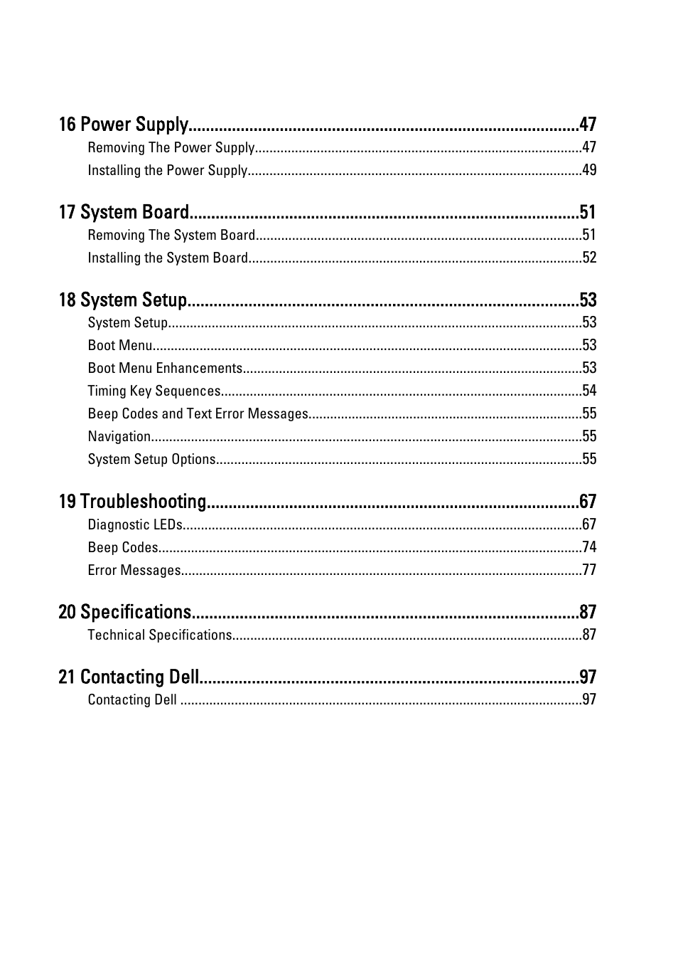 16 power supply, 17 system board, 18 system setup | 19 troubleshooting, 20 specifications, 21 contacting dell | Dell OptiPlex 990 (Early 2011) User Manual | Page 5 / 97