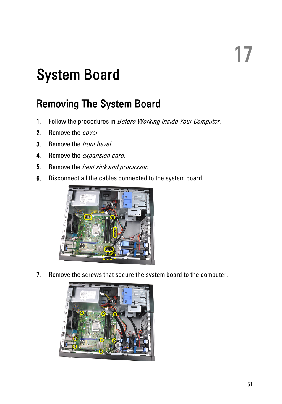 System board, Removing the system board, 17 system board | Dell OptiPlex 990 (Early 2011) User Manual | Page 51 / 97