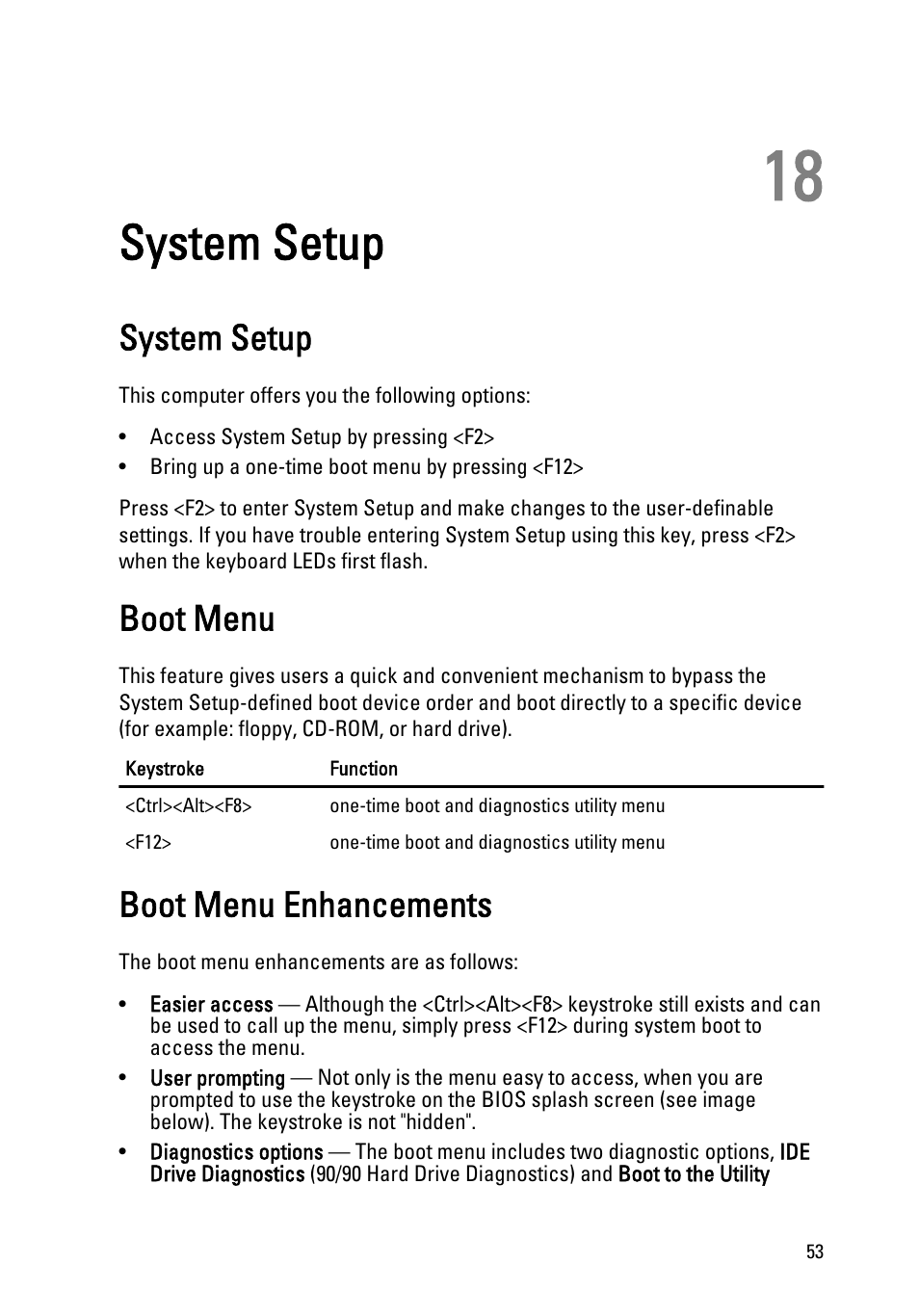 System setup, Boot menu, Boot menu enhancements | 18 system setup | Dell OptiPlex 990 (Early 2011) User Manual | Page 53 / 97