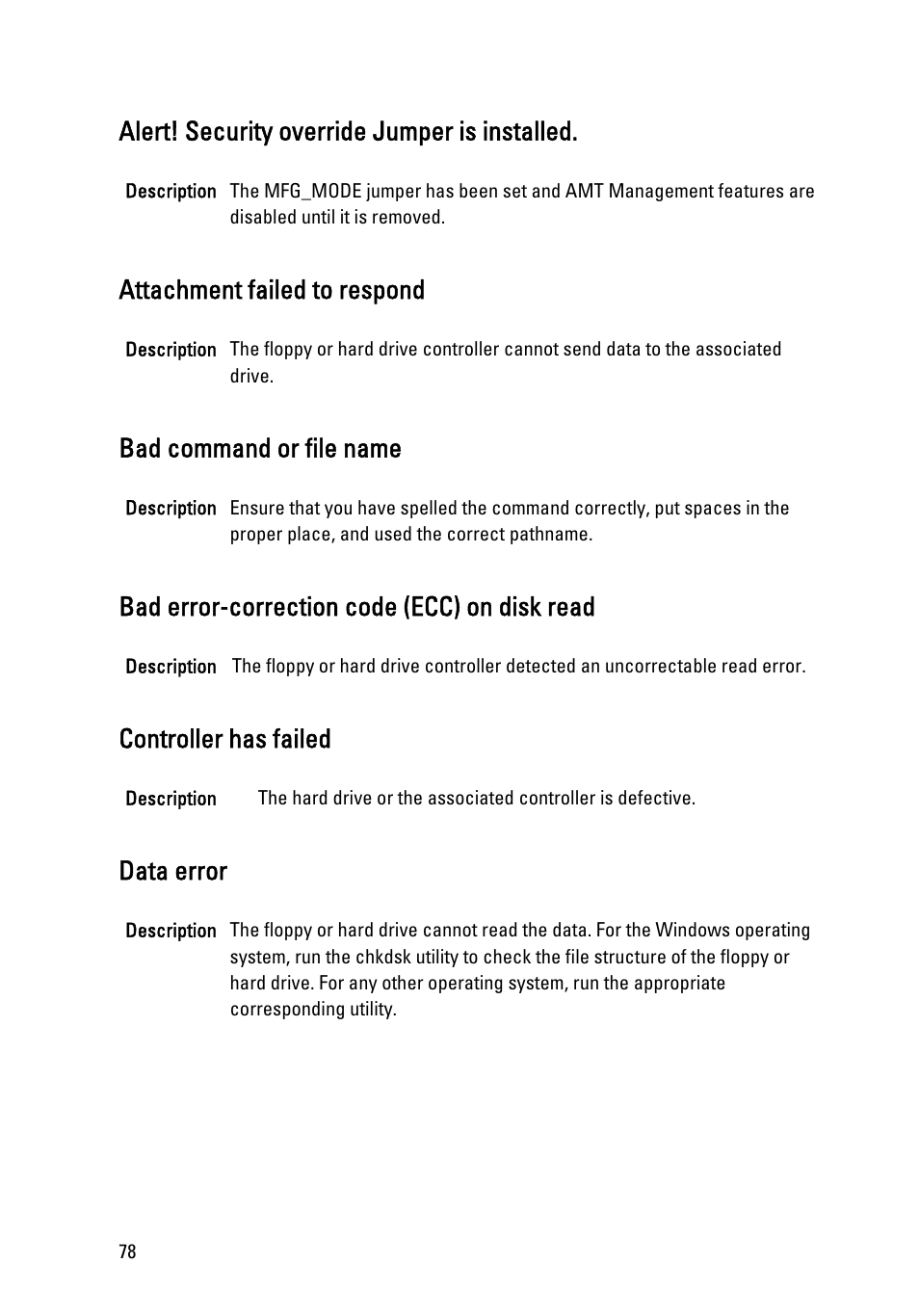 Alert! security override jumper is installed, Attachment failed to respond, Bad command or file name | Bad error-correction code (ecc) on disk read, Controller has failed, Data error | Dell OptiPlex 990 (Early 2011) User Manual | Page 78 / 97