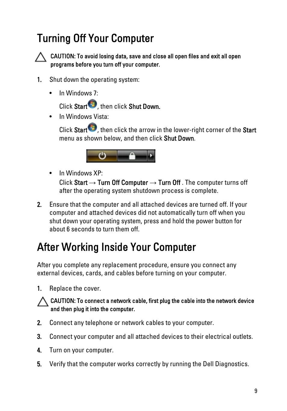 Turning off your computer, After working inside your computer | Dell OptiPlex 990 (Early 2011) User Manual | Page 9 / 97