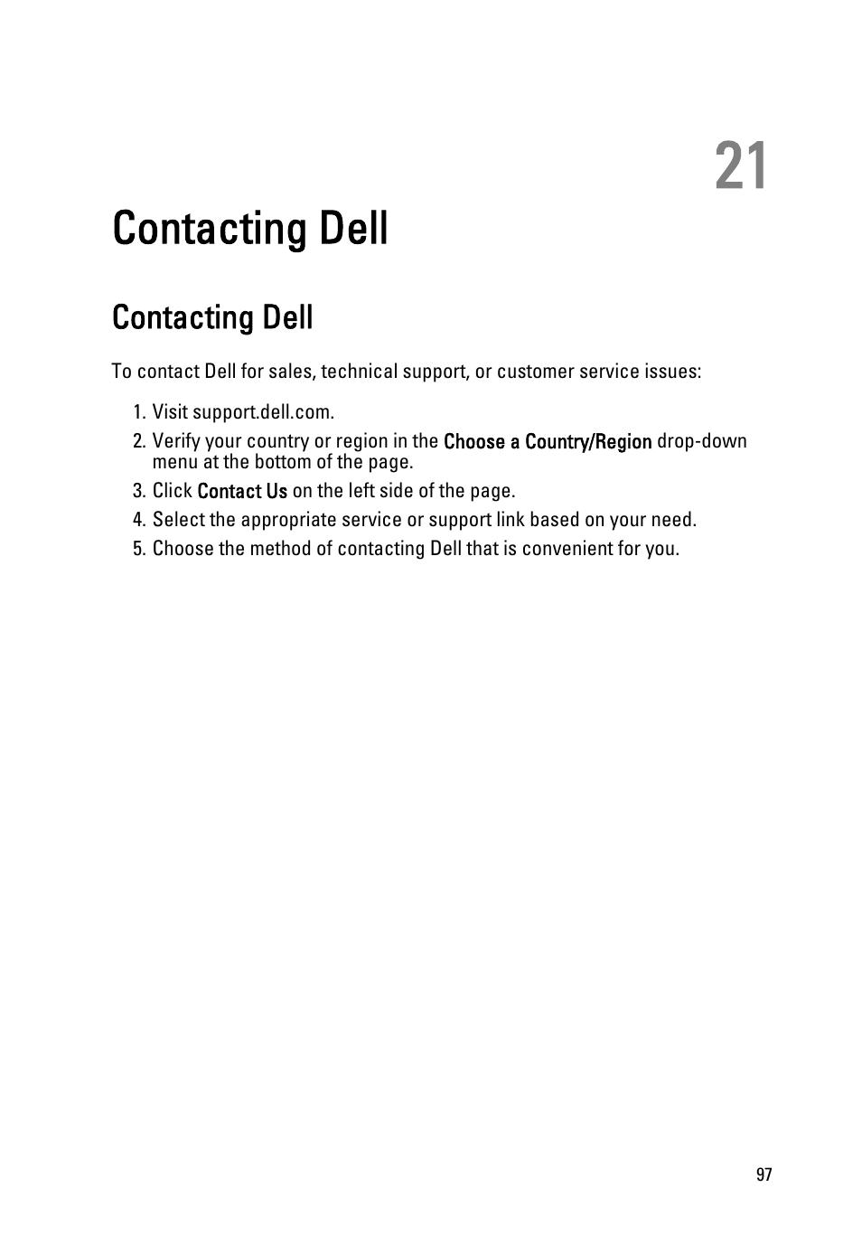 Contacting dell, 21 contacting dell | Dell OptiPlex 990 (Early 2011) User Manual | Page 97 / 97