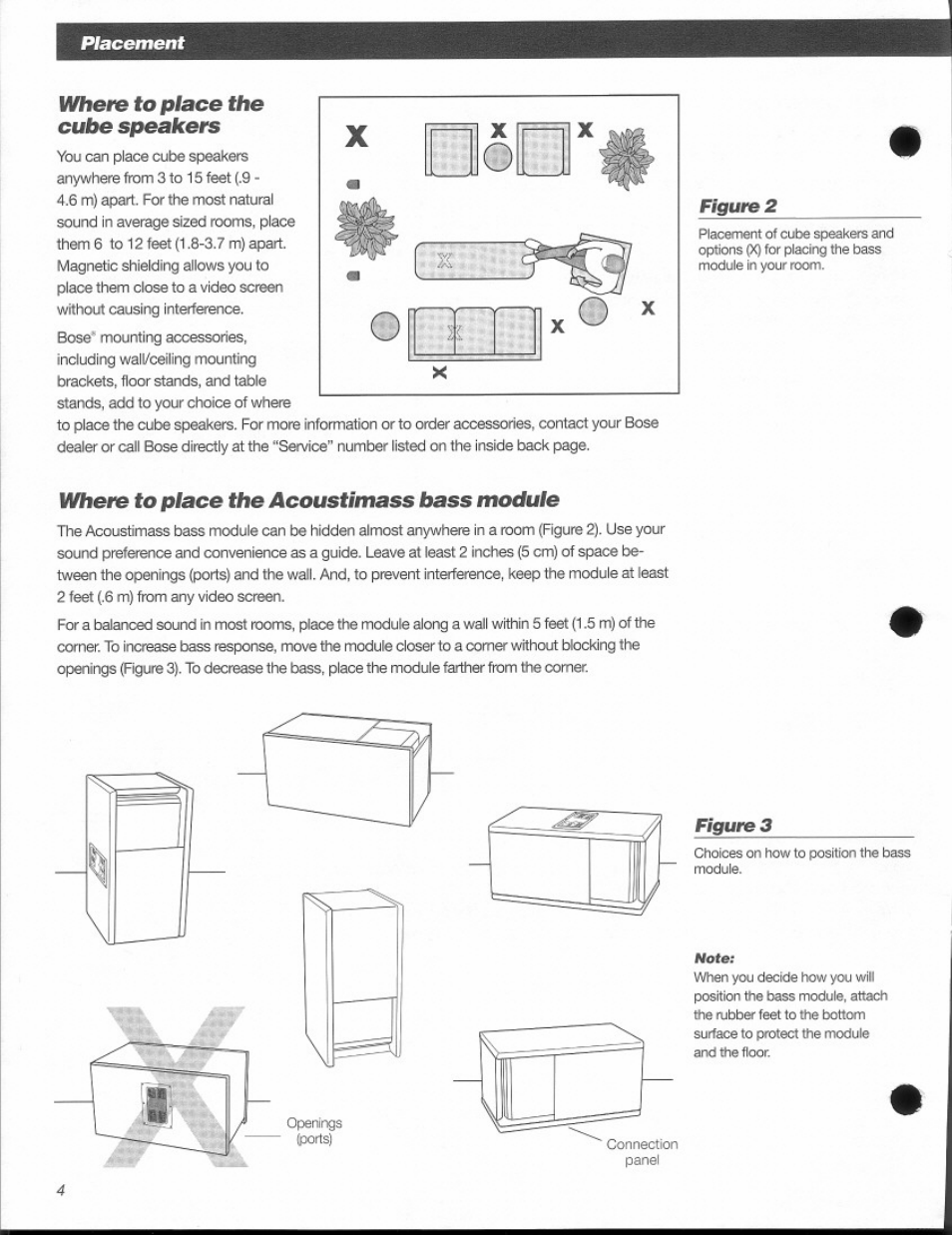 Where to place the cube speakers, Where to place the acoustimass bass module, Placement | Figure 2, Figure 3 | Bose Acoustimass 3 Series III User Manual | Page 4 / 11
