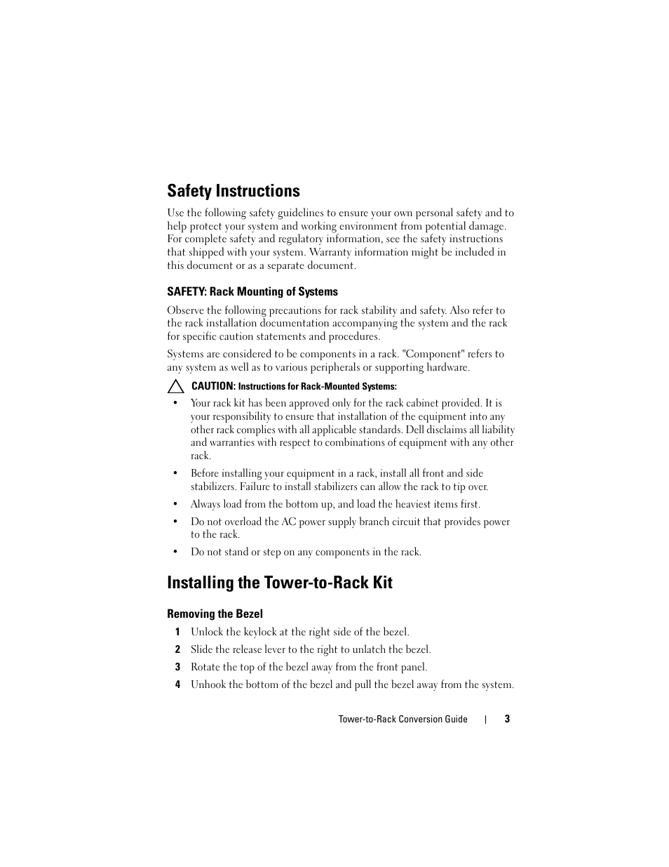 Safety instructions, Safety: rack mounting of systems, Installing the tower-to-rack kit | Removing the bezel | Dell PowerEdge T610 User Manual | Page 3 / 8