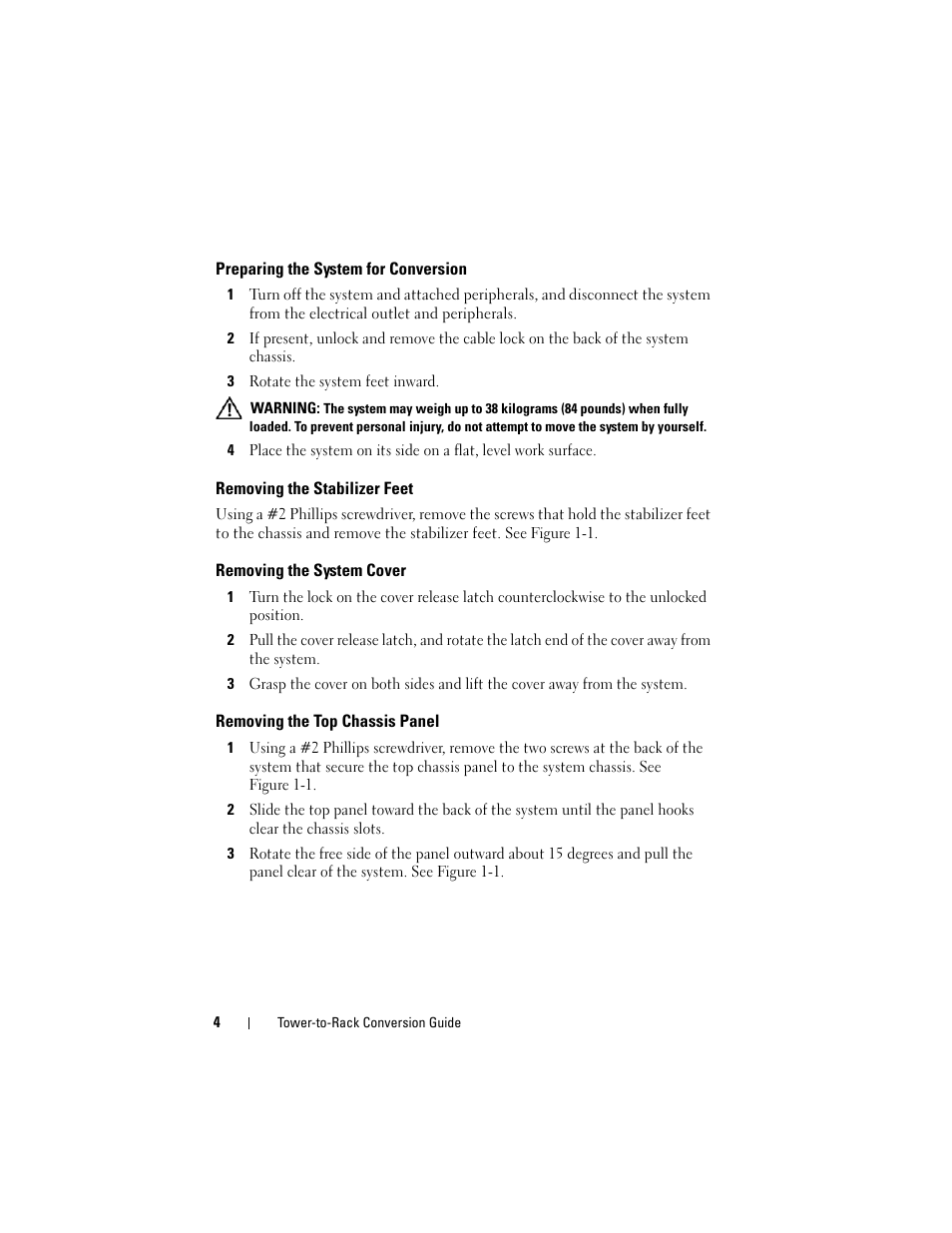 Preparing the system for conversion, Removing the stabilizer feet, Removing the system cover | Removing the top chassis panel | Dell PowerEdge T610 User Manual | Page 4 / 8