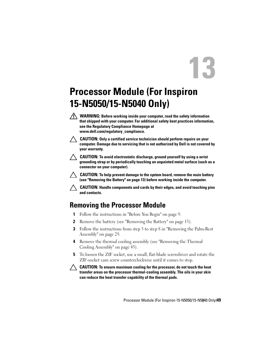 Removing the processor module, Processor module (for inspiron, N5050/15-n5040 only) | Dell Inspiron 15 (N5040, Mid 2011) User Manual | Page 49 / 74