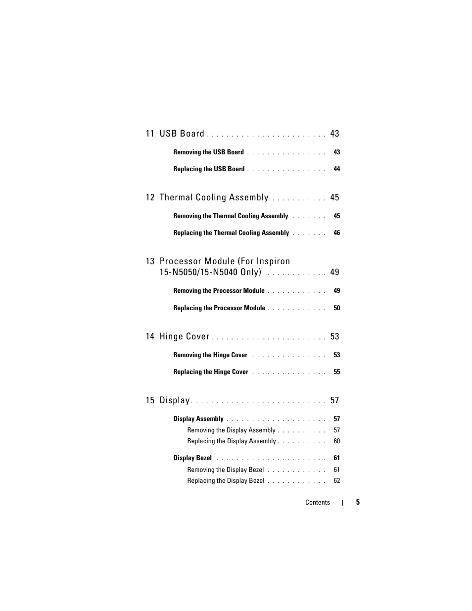 11 usb board, 12 thermal cooling assembly, 14 hinge cover | 15 display | Dell Inspiron 15 (N5040, Mid 2011) User Manual | Page 5 / 74