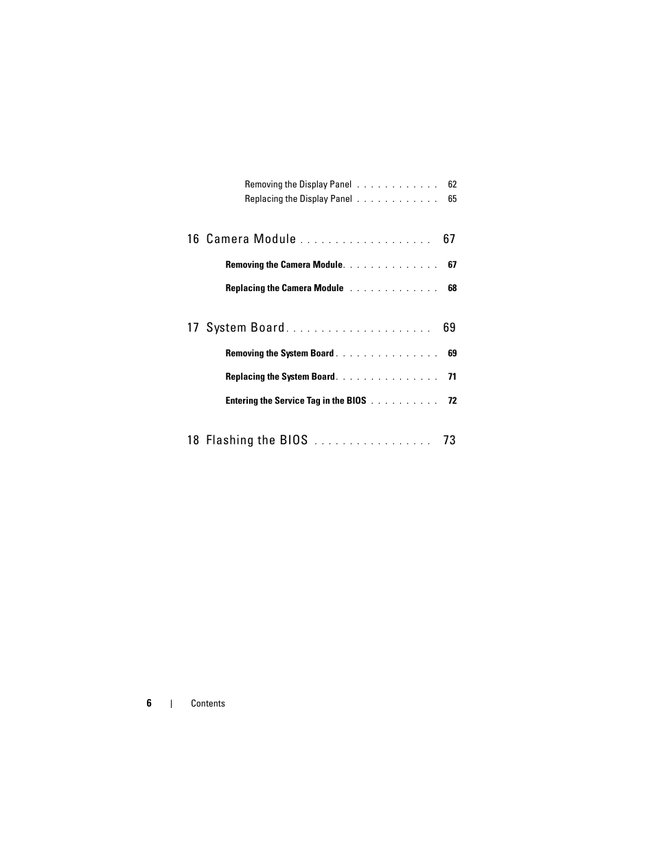 16 camera module, 17 system board, 18 flashing the bios | Dell Inspiron 15 (N5040, Mid 2011) User Manual | Page 6 / 74