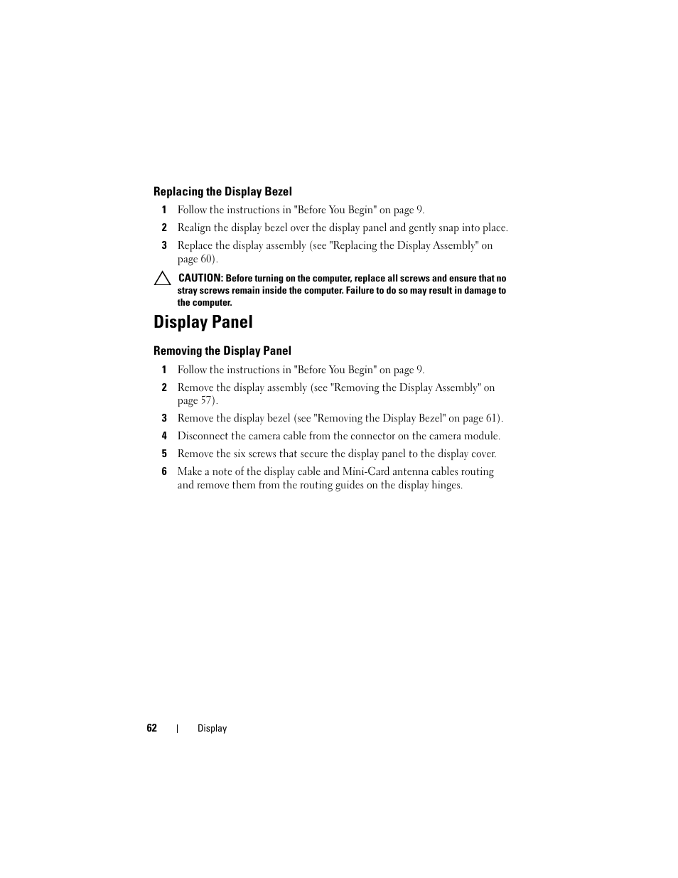 Replacing the display bezel, Removing the display panel, Display panel | Dell Inspiron 15 (N5040, Mid 2011) User Manual | Page 62 / 74