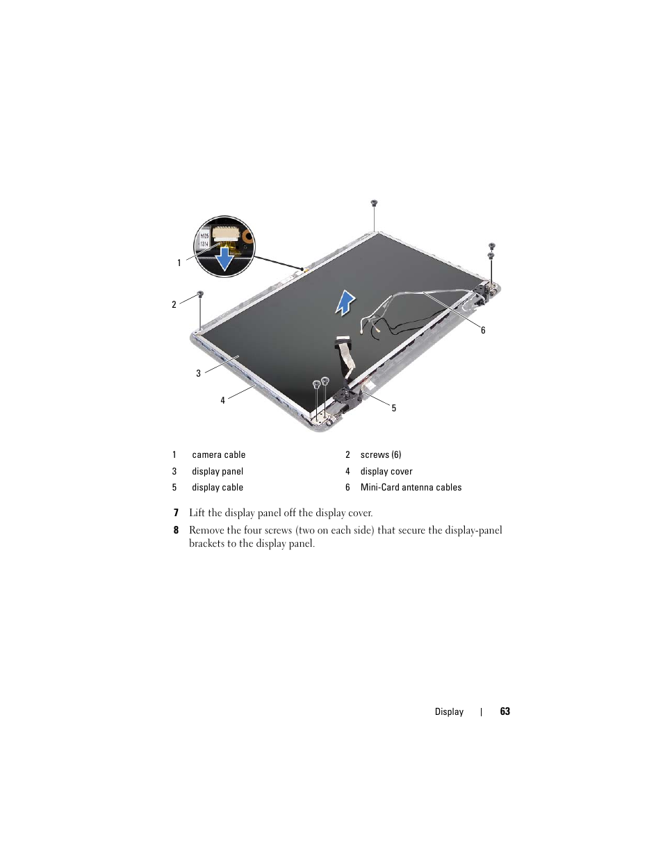 7 lift the display panel off the display cover | Dell Inspiron 15 (N5040, Mid 2011) User Manual | Page 63 / 74